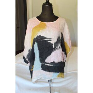 Artsy 100% linen Women's Blouse multicolor top Lagenlook Brushwork Italy Sz. 2X?